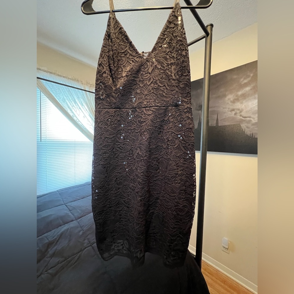 Fitted strappy lace and sequin dress.